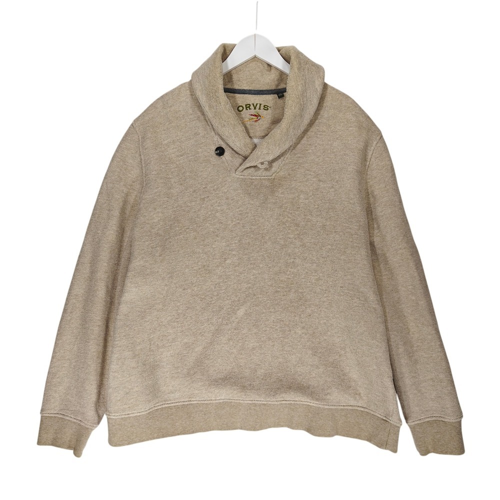 Orvis Mens Shawl Collar Pullover Sweatshirt Tan Heathered Button Neck XL